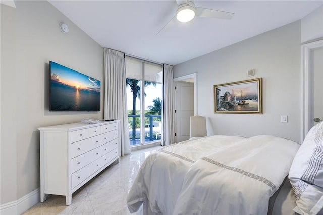 bedroom with access to outside, light marble finish floors, and ceiling fan
