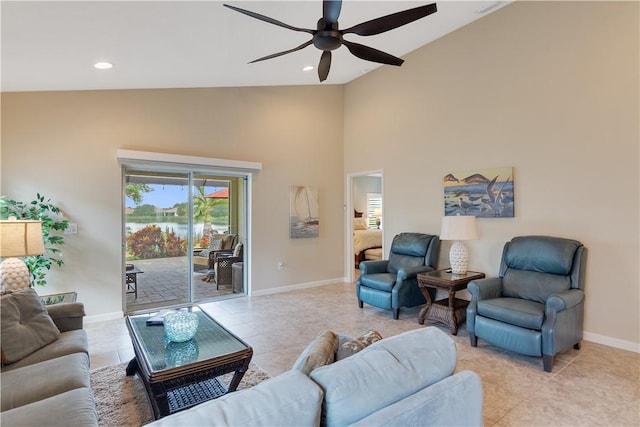 1712 Berkshire Cir SW, Vero Beach, FL 32968 - living area featuring a ceiling fan, light tile patterned flooring, recessed lighting, and high vaulted ceiling