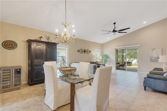 1712 Berkshire Cir SW, Vero Beach, FL 32968 - dining room featuring wine cooler, lofted ceiling, light tile patterned floors, healthy amount of natural light, and ceiling fan