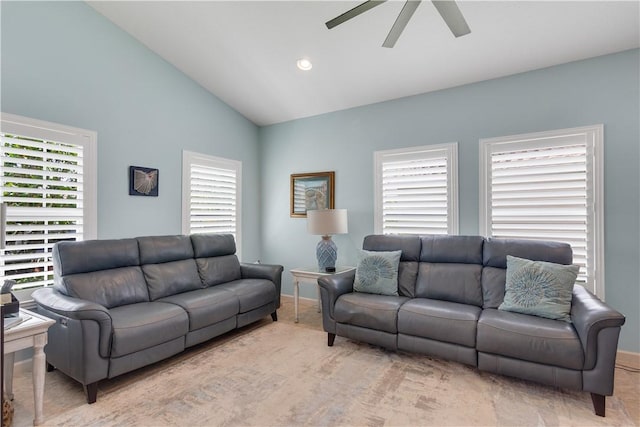 1712 Berkshire Cir SW, Vero Beach, FL 32968 - living room featuring a ceiling fan, lofted ceiling, and recessed lighting