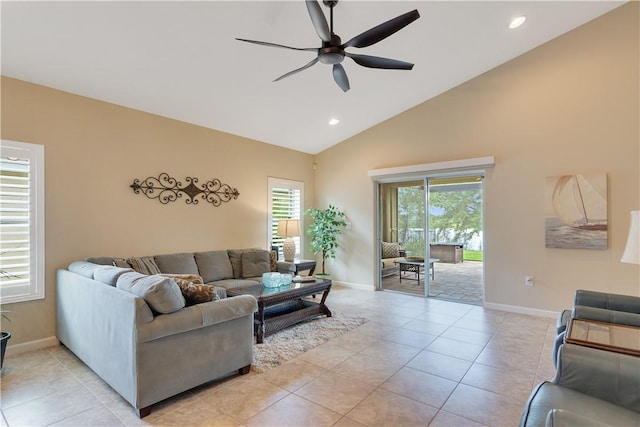 1712 Berkshire Cir SW, Vero Beach, FL 32968 - living room featuring a ceiling fan, light tile patterned flooring, high vaulted ceiling, and recessed lighting