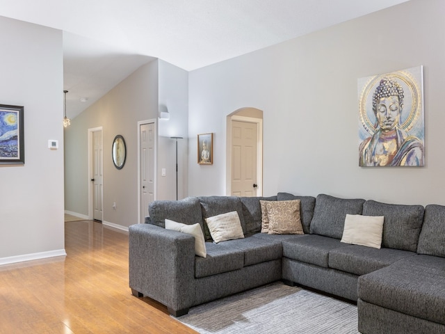 living room featuring hardwood / wood-style floors and vaulted ceiling