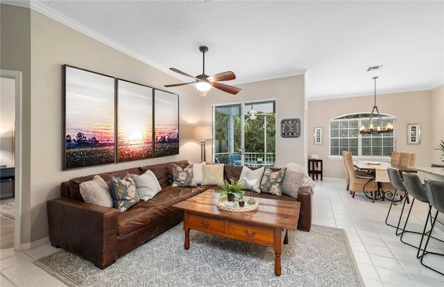 1440 Winding Oaks Cir W Unit A204, Vero Beach, FL 32963 - living room with ornamental molding, light tile patterned floors, ceiling fan, a chandelier, and baseboards