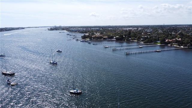 drone / aerial view featuring a water view