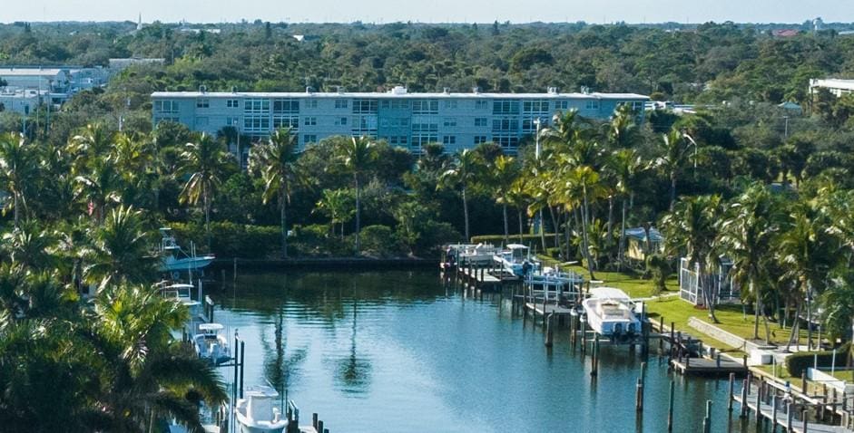 water view featuring a forest view and a dock