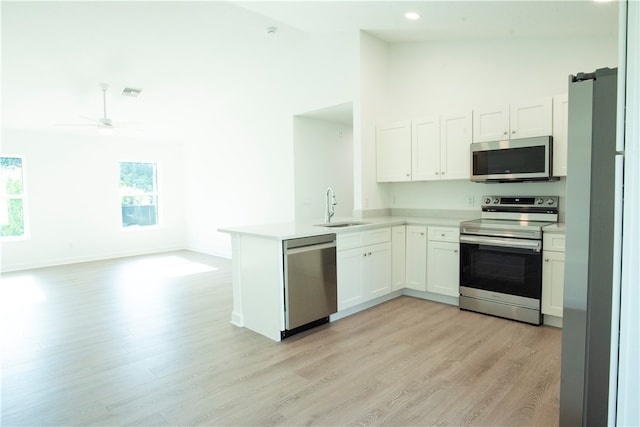 kitchen with white cabinetry, appliances with stainless steel finishes, light wood-type flooring, sink, and kitchen peninsula