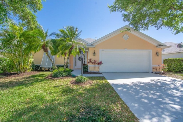 ranch-style home featuring stucco siding, a front lawn, concrete driveway, and a garage