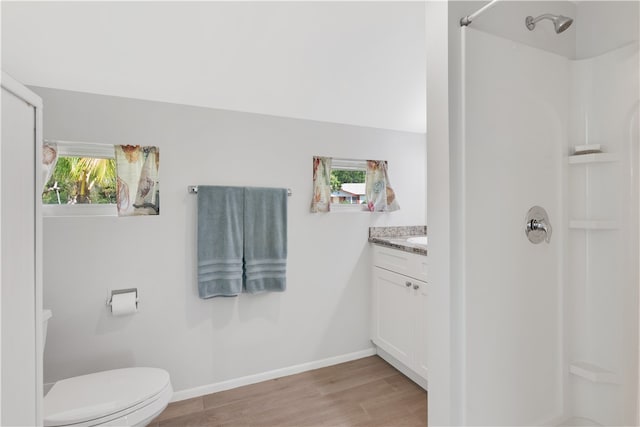 bathroom featuring toilet, vanity, hardwood / wood-style flooring, and a healthy amount of sunlight