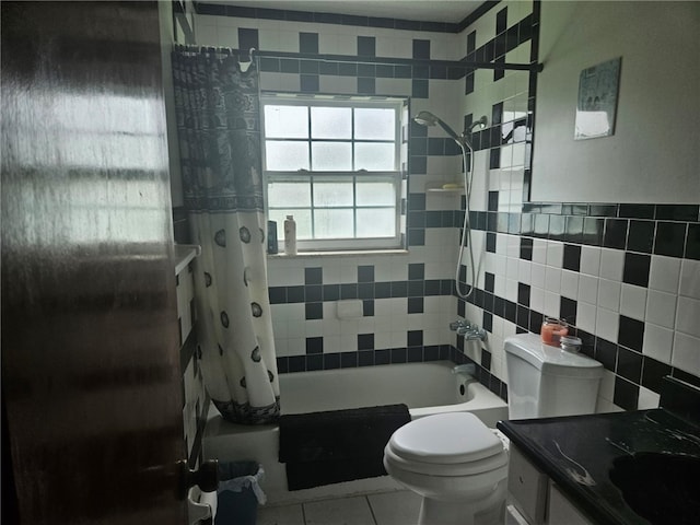 full bathroom featuring toilet, shower / tub combo, tile walls, and tile patterned flooring