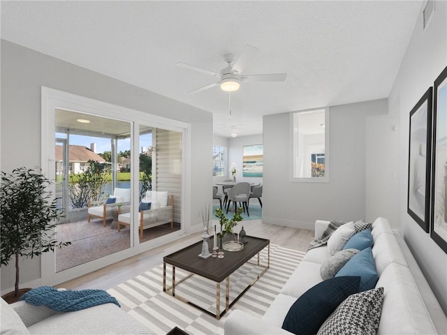 living room featuring ceiling fan and light hardwood / wood-style flooring