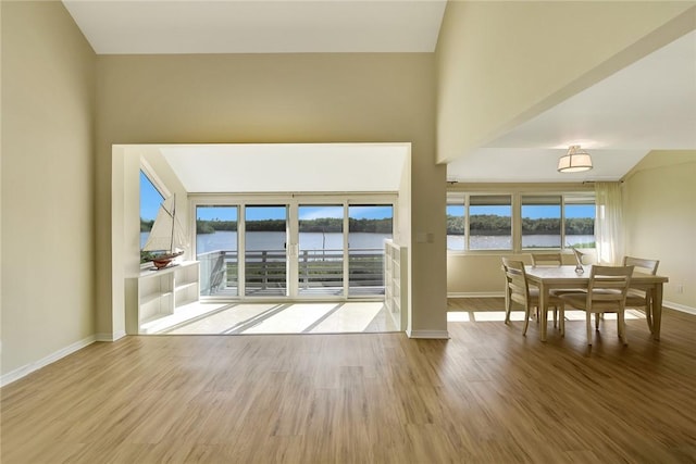 living room with a water view and light hardwood / wood-style flooring