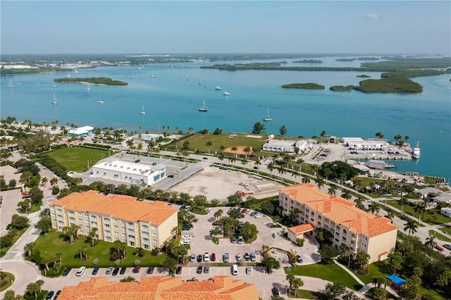 aerial view featuring a water view