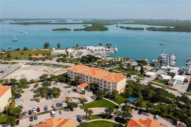 drone / aerial view with a water view