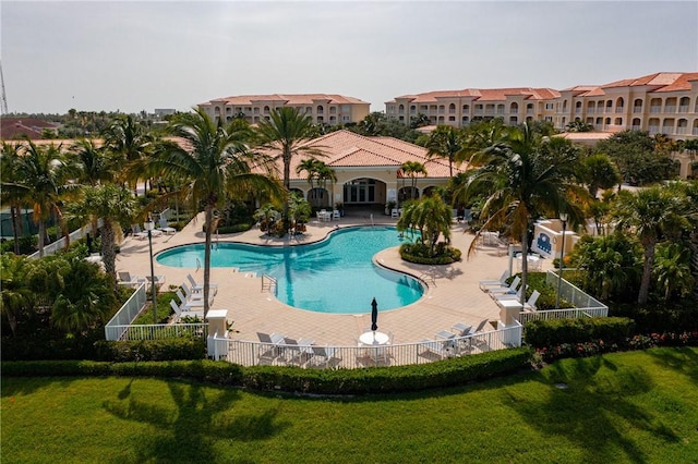 view of pool featuring a patio area and a yard