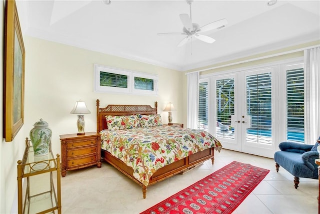 bedroom with ceiling fan, light tile patterned flooring, access to outside, french doors, and ornamental molding