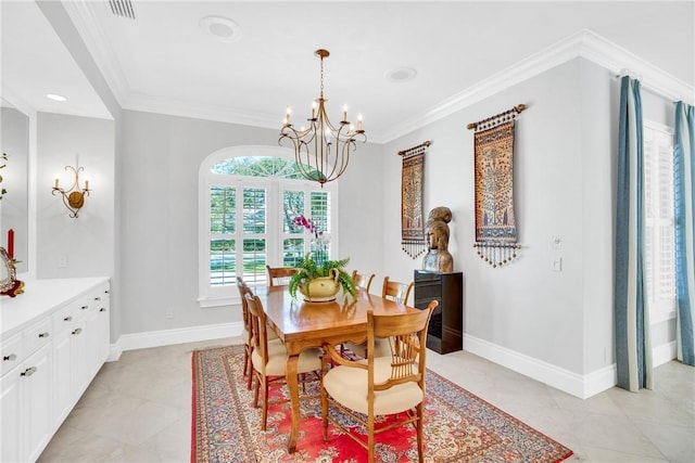 dining space featuring a notable chandelier, baseboards, light tile patterned flooring, and crown molding