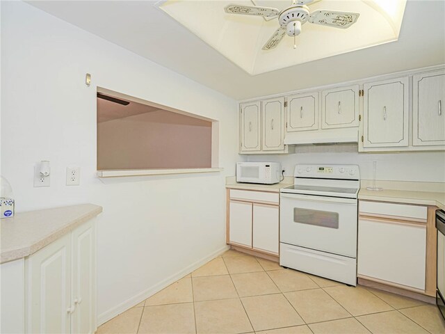 kitchen featuring white cabinets, white appliances, ceiling fan, and light tile patterned flooring