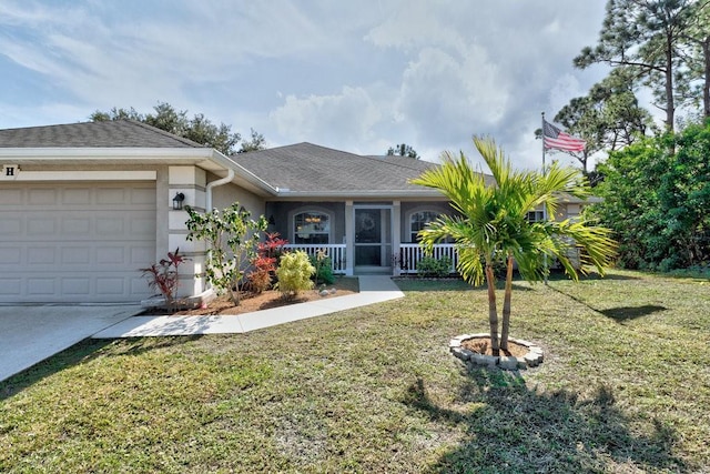 ranch-style house with a garage, a front lawn, and a porch