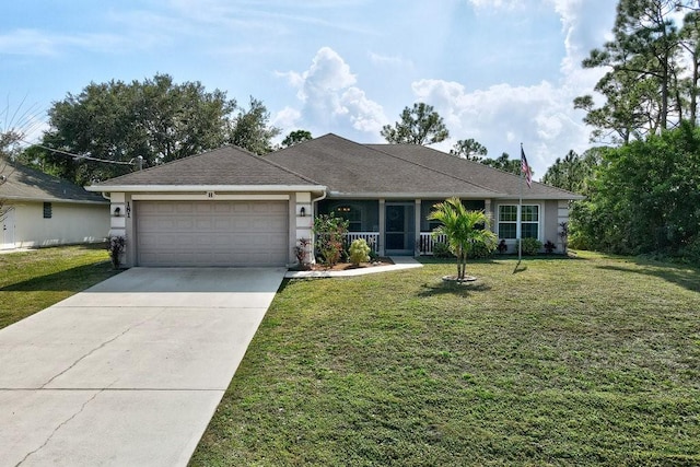 ranch-style home featuring a garage, covered porch, and a front lawn