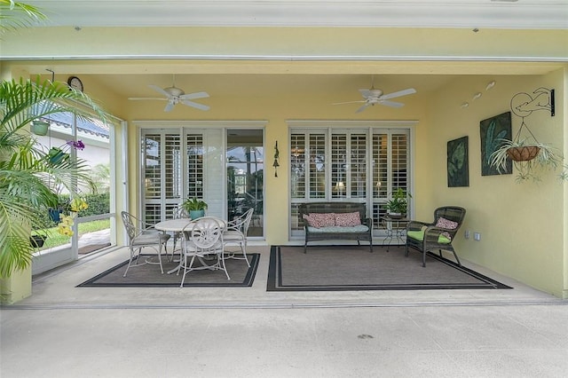 view of patio / terrace featuring a ceiling fan and an outdoor hangout area