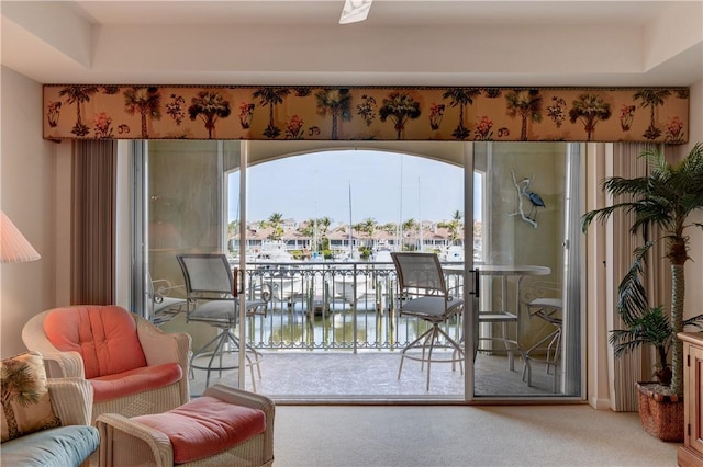 entryway featuring a water view, a tray ceiling, and carpet