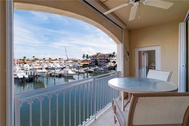 5540 N Harbor Village Dr Unit 204, Vero Beach, FL 32967 - balcony featuring ceiling fan and a water view