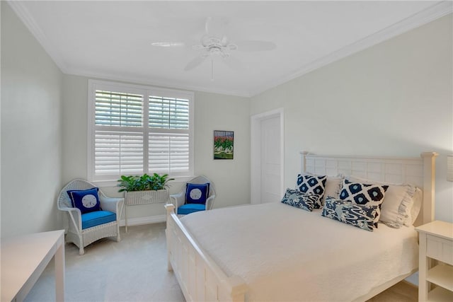 bedroom with light colored carpet, baseboards, a ceiling fan, and ornamental molding