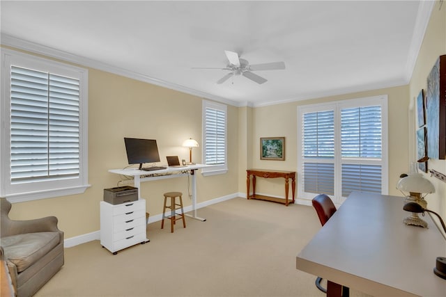 office space featuring ceiling fan, carpet flooring, baseboards, and ornamental molding