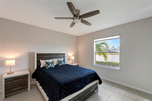 bedroom featuring a water view, ceiling fan, and baseboards