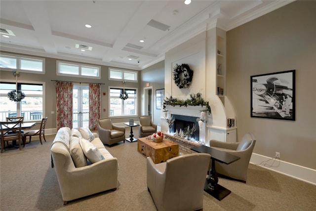 carpeted living area with french doors, a fireplace, coffered ceiling, and baseboards