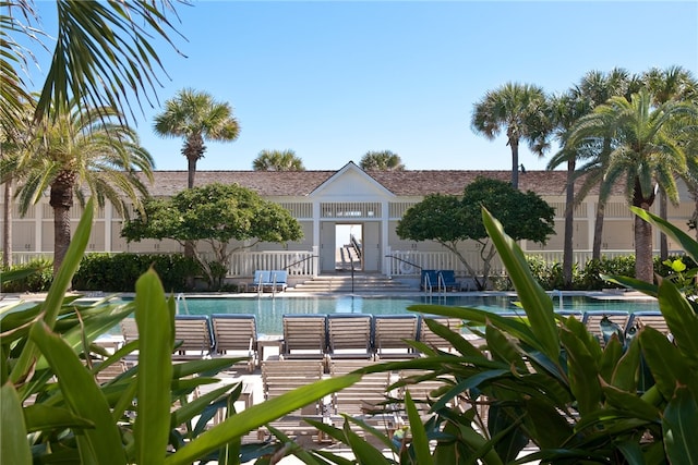 view of swimming pool with a patio