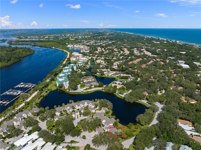 drone / aerial view featuring a water view