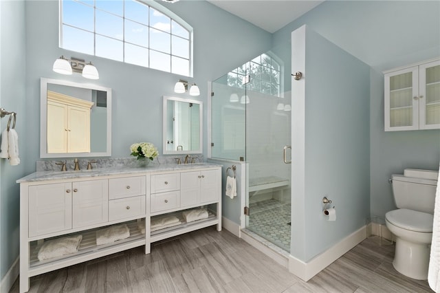 bathroom with vanity, toilet, and a shower with door