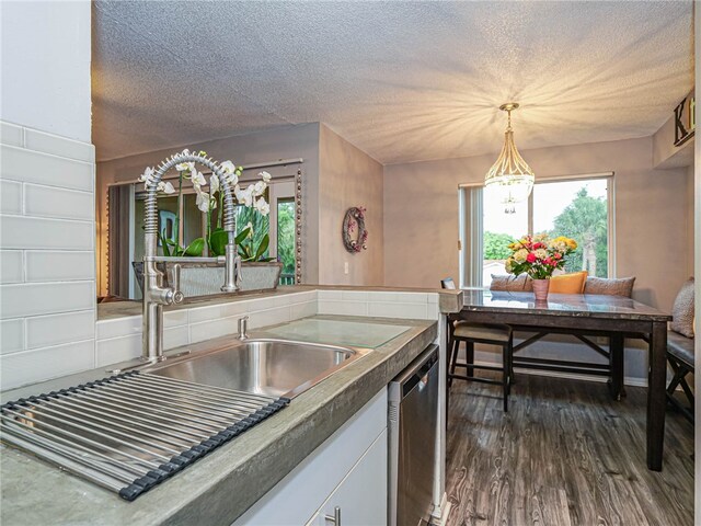 kitchen with white cabinets, a wealth of natural light, dark hardwood / wood-style floors, and dishwasher