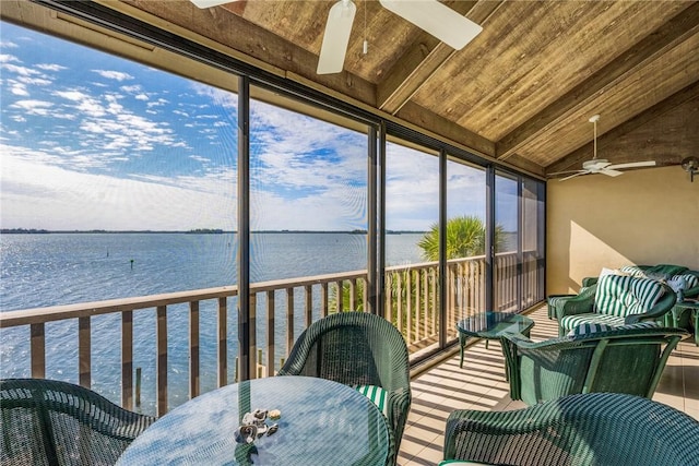 sunroom featuring ceiling fan, wooden ceiling, lofted ceiling, and a water view