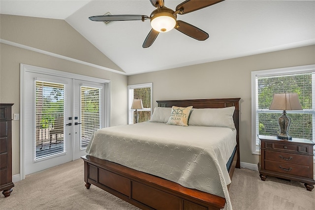 bedroom with ceiling fan, french doors, access to exterior, and multiple windows