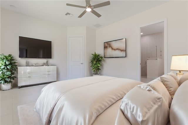 bedroom with ceiling fan and ensuite bath