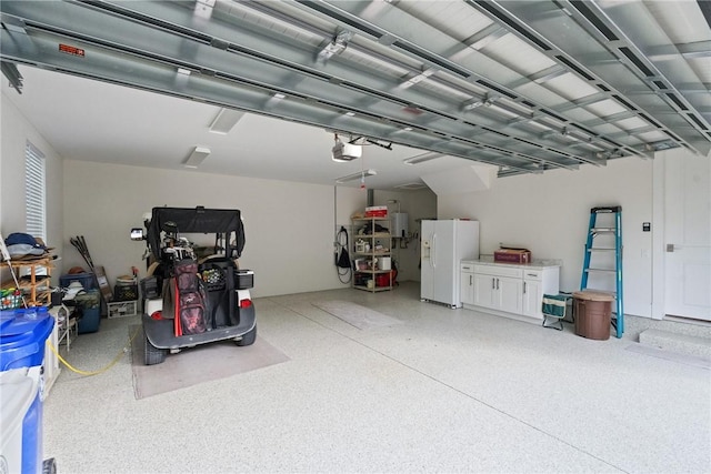 garage with white refrigerator with ice dispenser and a garage door opener