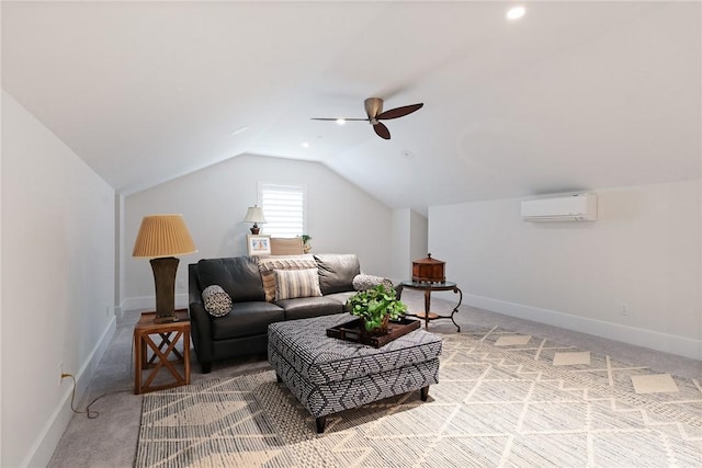 sitting room with a wall unit AC, ceiling fan, vaulted ceiling, and carpet floors