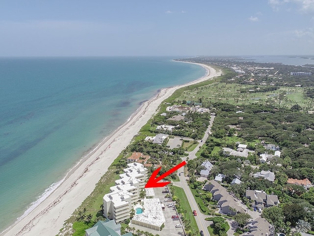 aerial view with a view of the beach and a water view