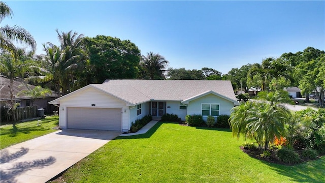 single story home featuring a garage, concrete driveway, and a front lawn