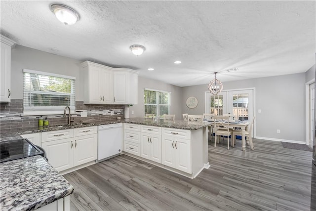 kitchen with a peninsula, a wealth of natural light, a sink, and dishwasher