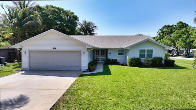 single story home with concrete driveway, an attached garage, a front yard, and roof with shingles