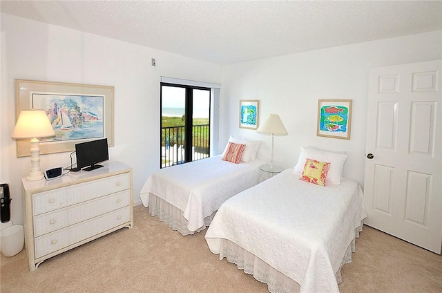 bedroom with access to exterior, a textured ceiling, and light colored carpet