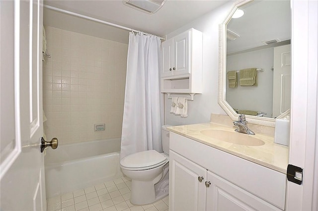 full bath with visible vents, toilet, shower / bath combo, vanity, and tile patterned floors