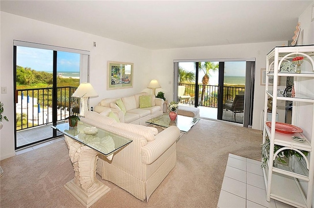 living area with a wealth of natural light, light carpet, and a water view