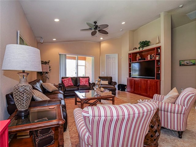 6243 Thames Pl, Vero Beach, FL 32966 - tiled living room with vaulted ceiling, ceiling fan, and recessed lighting
