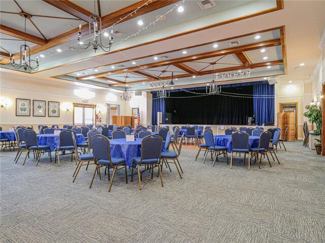6243 Thames Pl, Vero Beach, FL 32966 - dining space with carpet floors, a chandelier, recessed lighting, and a high ceiling