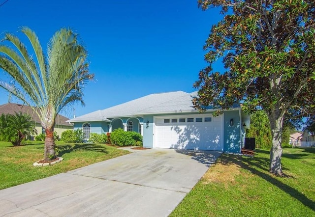 ranch-style home with a front lawn and a garage