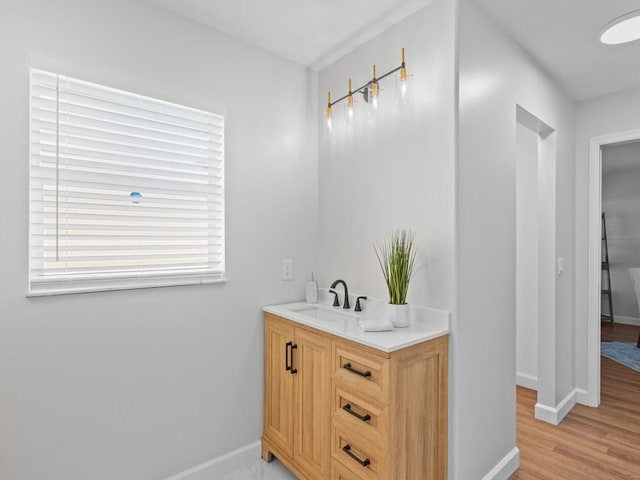 bathroom with hardwood / wood-style floors and vanity